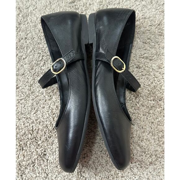 Sz 38 Leather Made in Italy Black Mary Jane Ballet Flats Gold Hardware - Picture 5 of 6